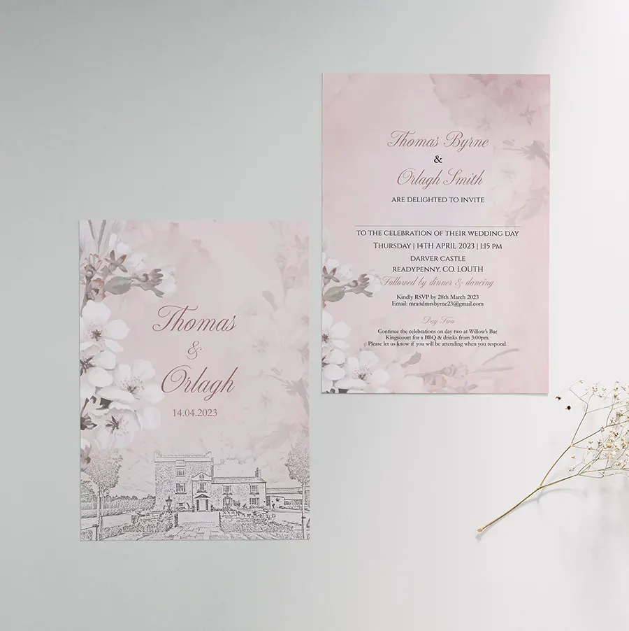 Cherry Blossom Wedding Invitation with Venue Sketch