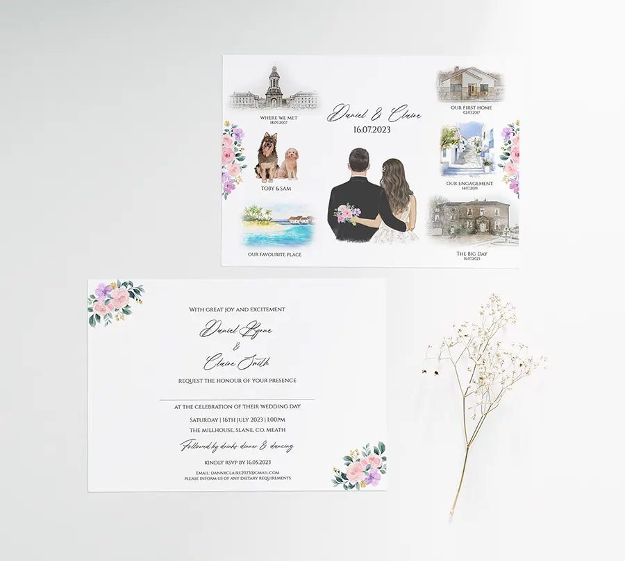 Double Sided Postcard Style Love Story Wdding Invitation