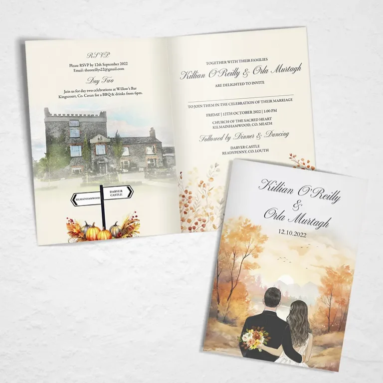 Folded Autmnal Design with couple sketch wedding invitation