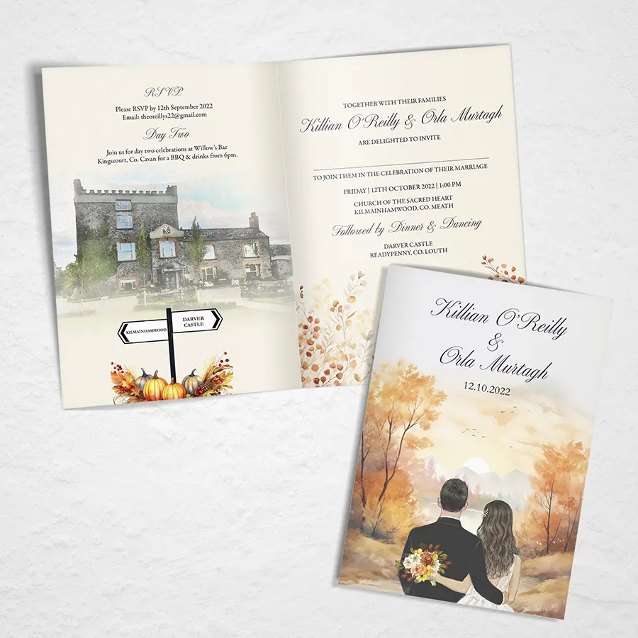 Folded Autmnal Design with couple sketch wedding invitation