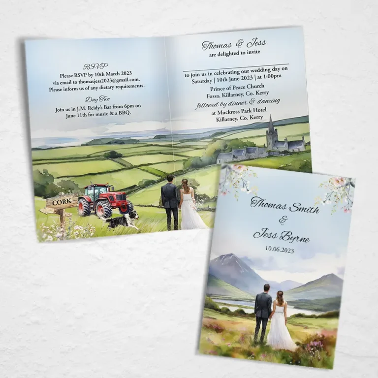 Folded Farm Themed Wedding Invitation with Couple and Tractor