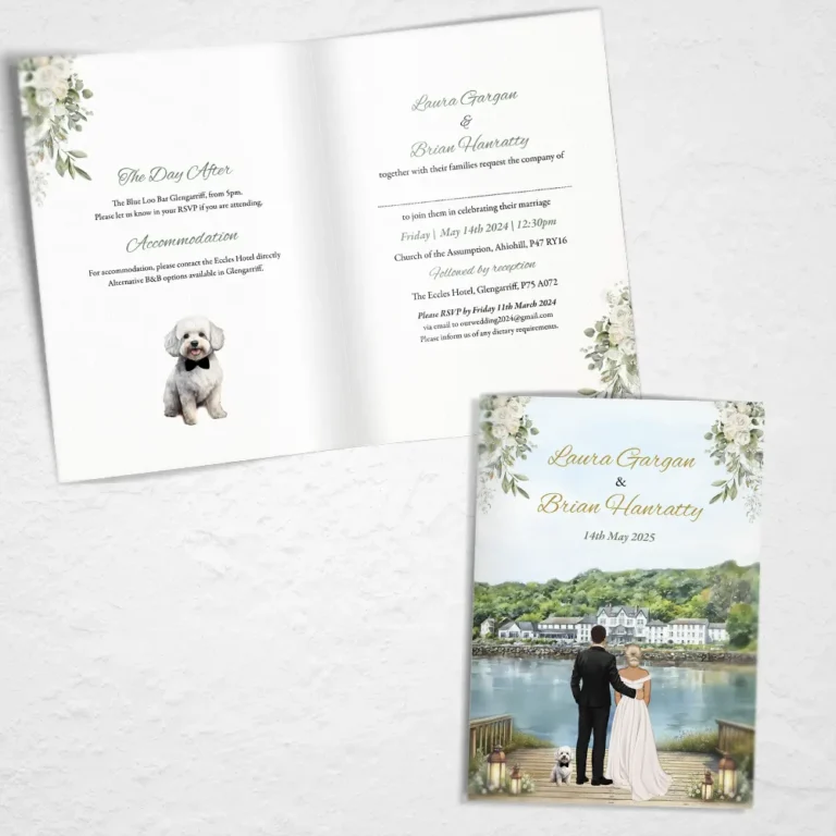 Folded Wedding Invitation with Couple Looking out to Water