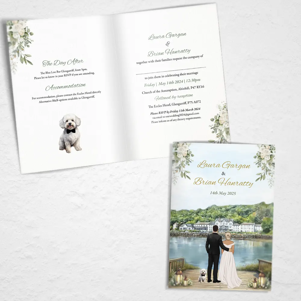 Folded Wedding Invitation with Couple Looking out to Water