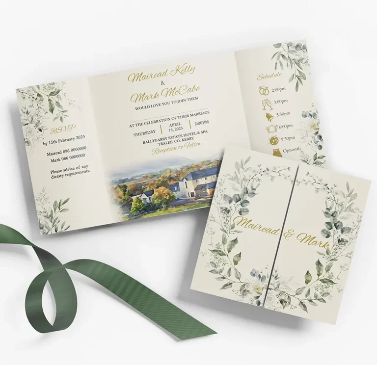 Gatefold Green and Gold Mockup Wedding Invitation