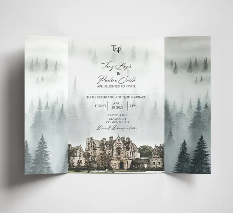 Gatefold Winter Wedding Invitation with Venue Sketch