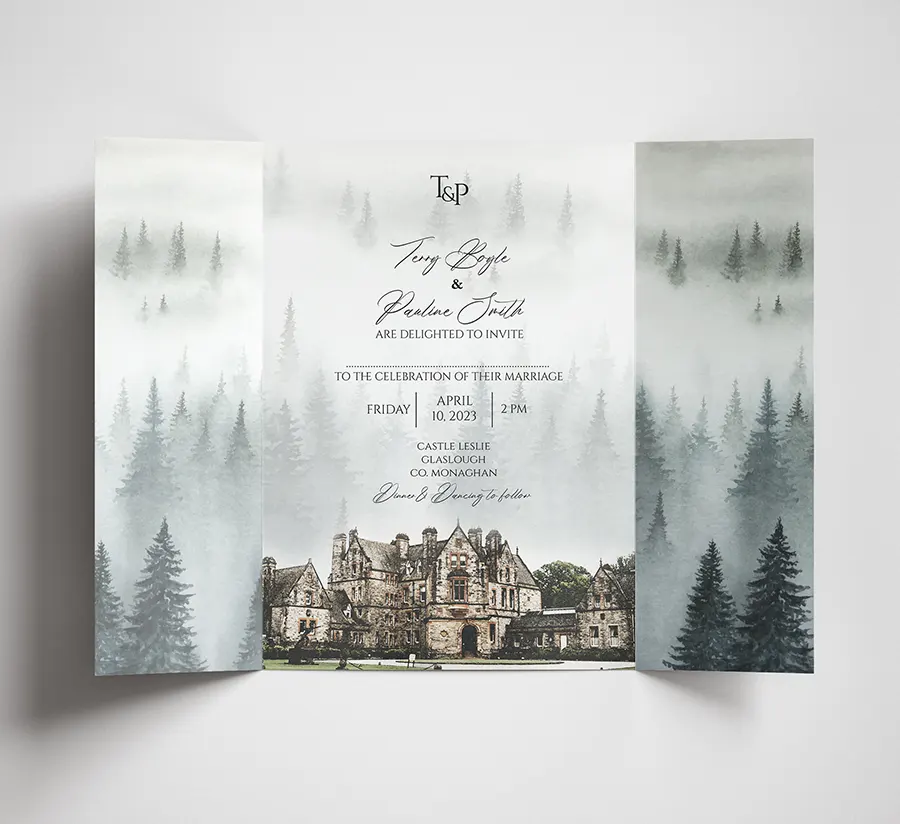 Gatefold Winter Wedding Invitation with Venue Sketch