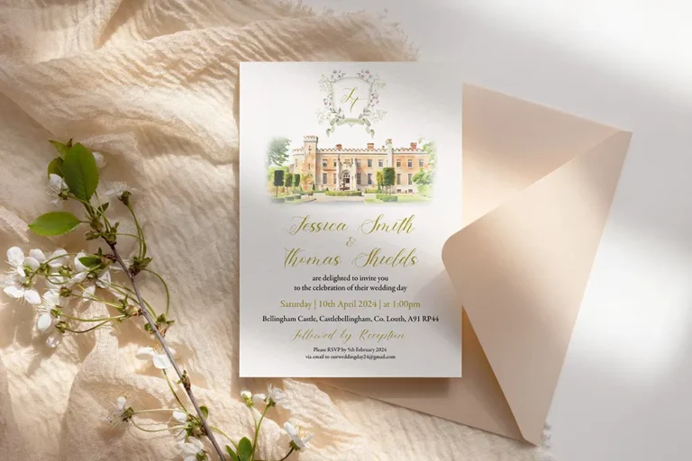 Gold Bellingham Castle Wedding Invitation
