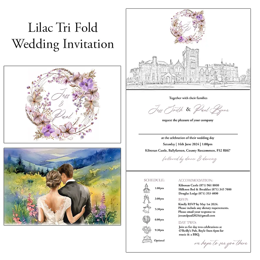 Lilac Floral Tri Fold Wedding Invitation