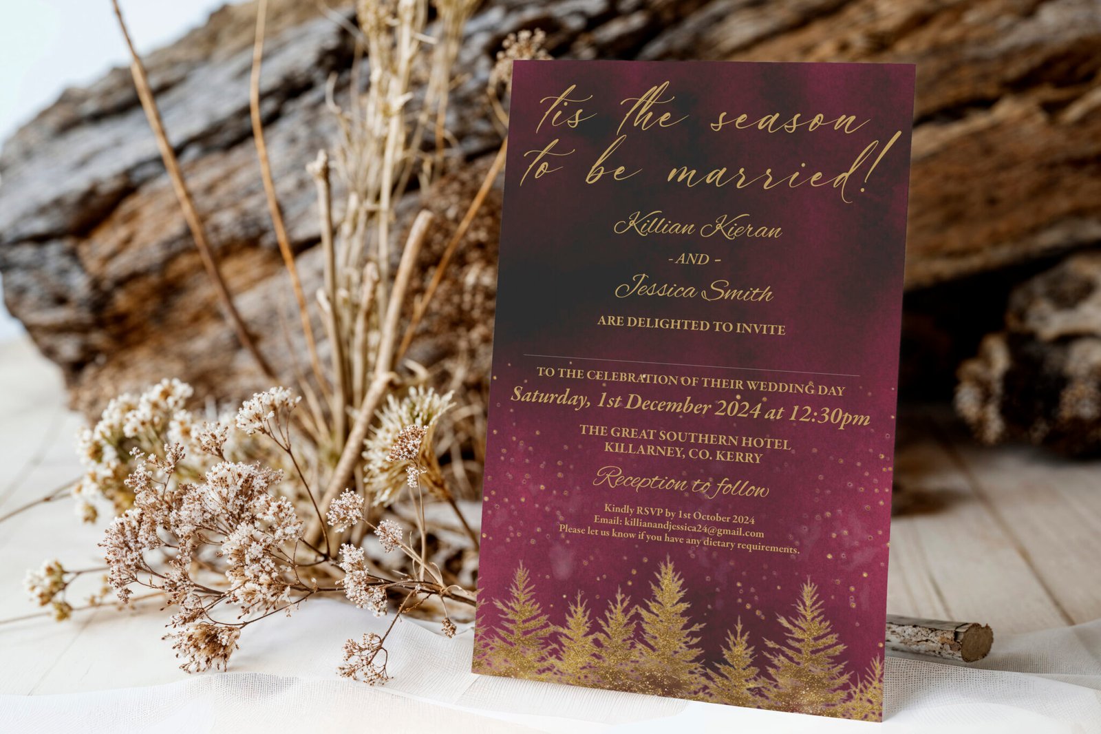 Burgundy & Gold Christmas Tree Wedding Invitations - Willow & Robin